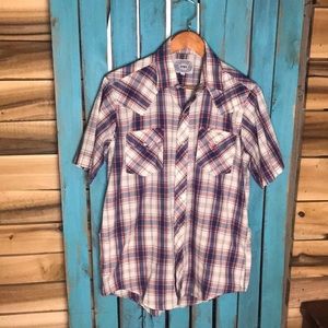 Vintage 90s atb short sleeve plaid western pearl snap shirt size 15.5 neck small